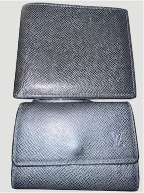 Louis Vuitton Black Taiga Amerigo Leather Wallet and Card Holder Set In Box